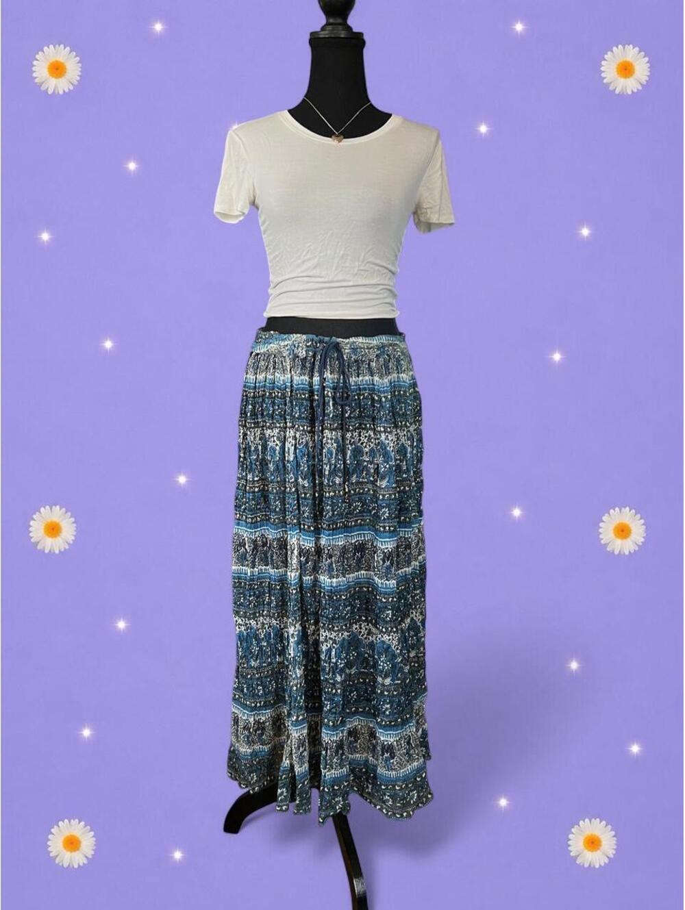 Vintage Y2K Blue Boho Indian Cotton Adjustable Drawstring Maxi Skirt One Size 💙 - Picture 2 of 8